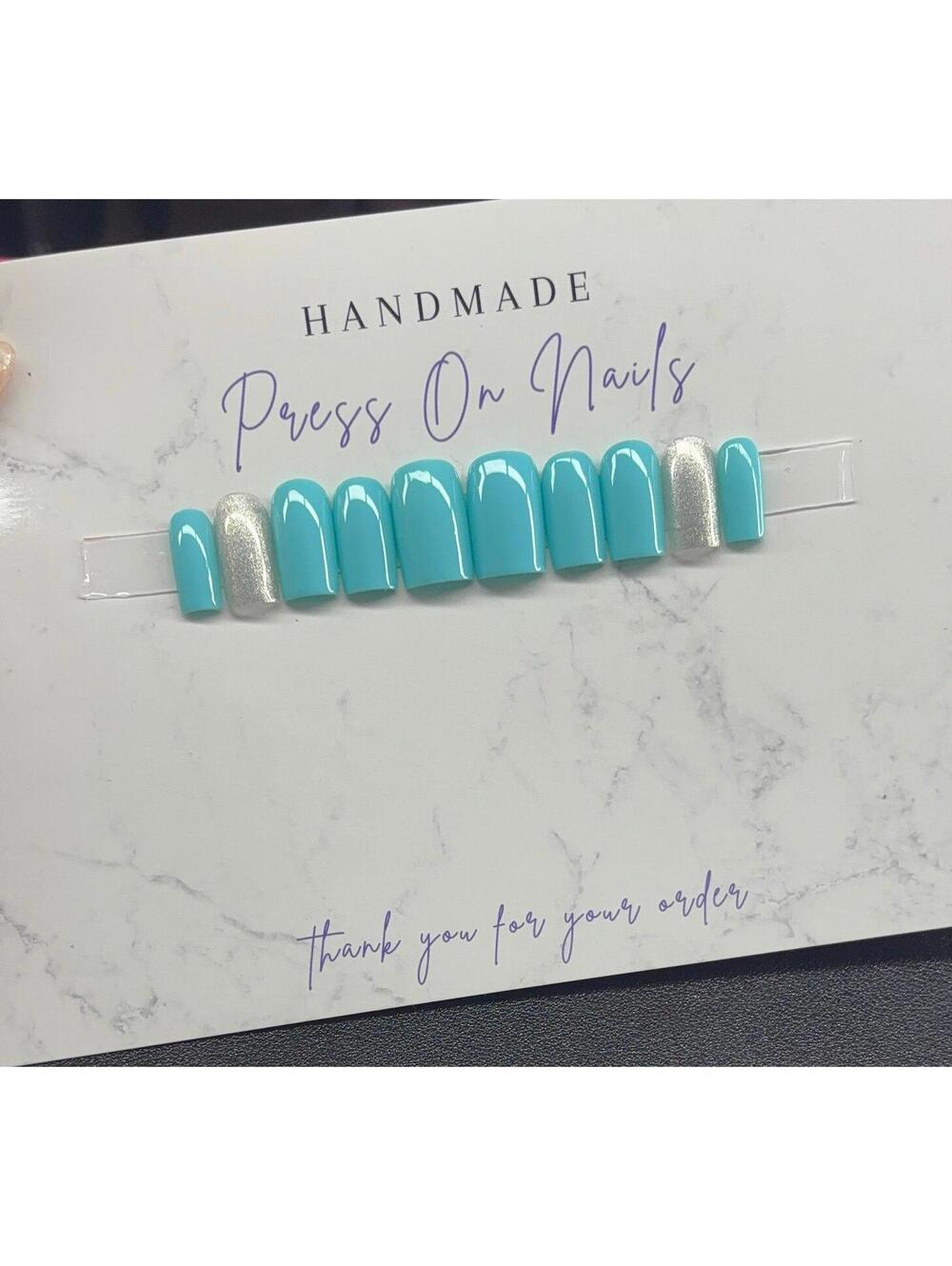 Short square Press on nails silver glitter teal light blue handmade custom gel